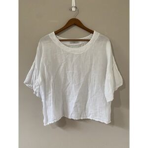 Viola Borghi Linen Top Womens LARGE White Flutter Sleeve Top Cropped Lagenlook